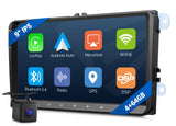 VWX7A 9-inch black Android 14 car radio with blue side panel, icons, and text “4+64GB.”