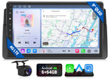 Black BMW E46 9-inch QLED radio with navigation, music, and Android Auto icons.
