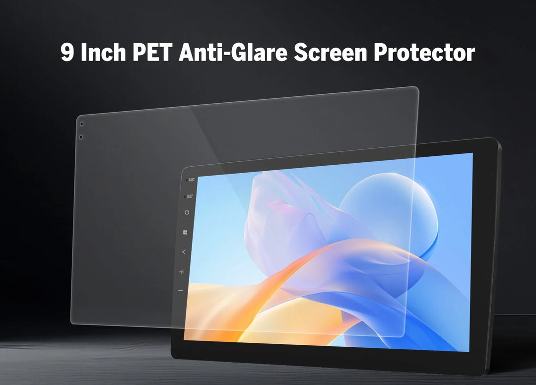 Black 9-inch PET anti-glare screen protector for car stereo radio head unit with large black bezel and silver logo.