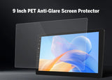 Black 9-inch PET anti-glare screen protector for car stereo radio head unit with large black bezel and silver logo.