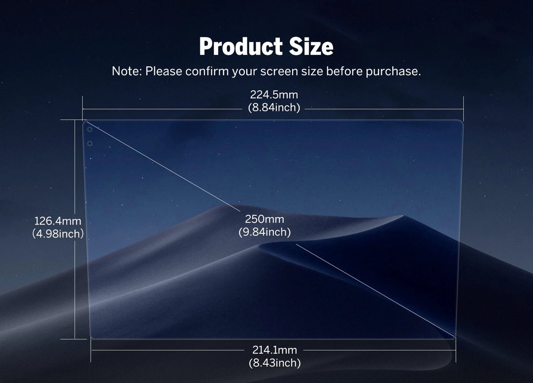 Black Eonon A306 9-inch PET anti-glare screen protector with curved sides, shown against a mountain sunset background.