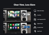 Black Eonon A306 9-inch PET anti-glare screen protector with clear view and reduced glare icons on sides.