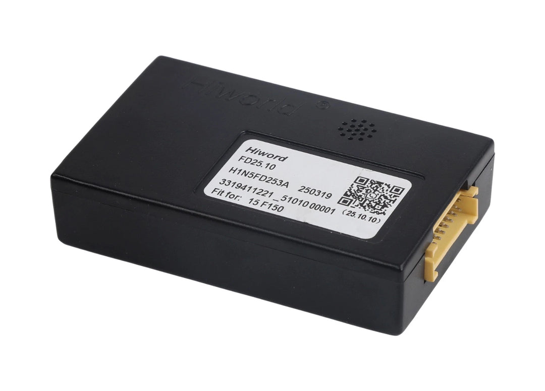 Black A507 B&O amplifier decoder adapter with white label, yellow port, and text “H195FD253A 250319 Fit for 15 F150.”