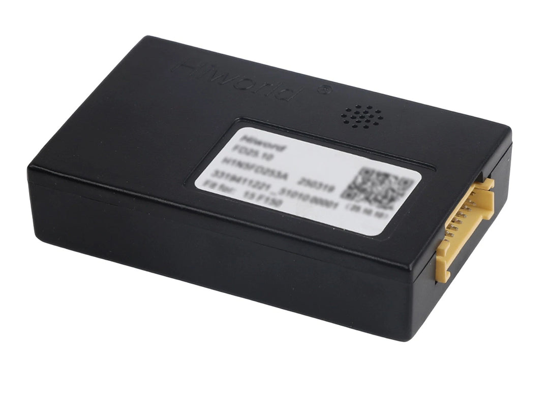 Black A507 B&O amplifier decoder adapter with yellow connector, white label, and QR code for product details.