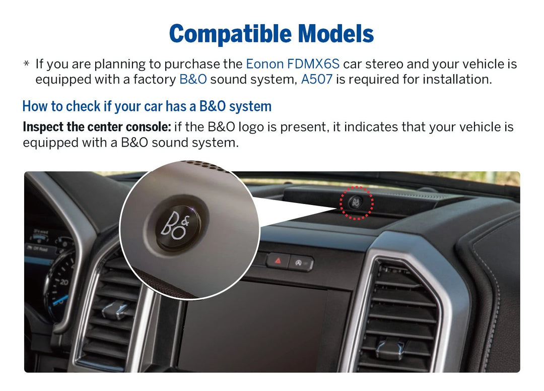 Black A507 B&O amplifier decoder adapter for Ford F150 2015-20 with blue oval logo on center console and side vents.