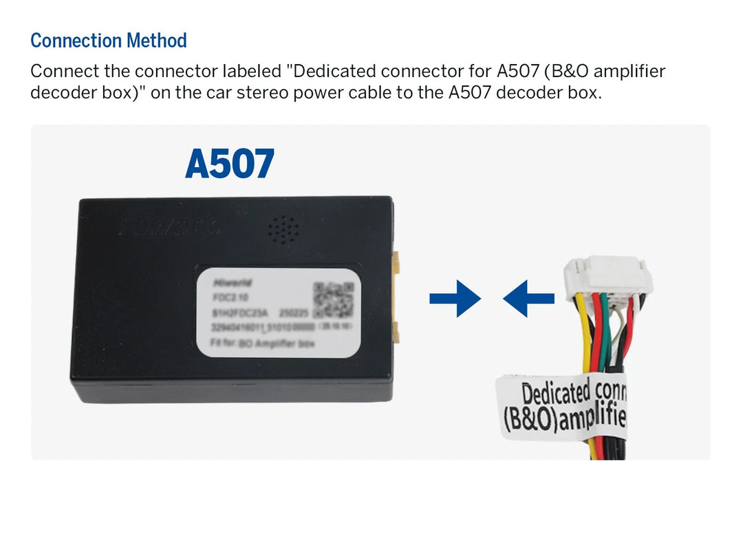 Black A507 B&O amplifier decoder adapter with illuminated white label, shown connected to a multicolor car stereo power cable.