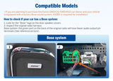 Black A508X decoder box with blue text “Compatible Models” and “Bose System” sections showing car stereo installation steps.