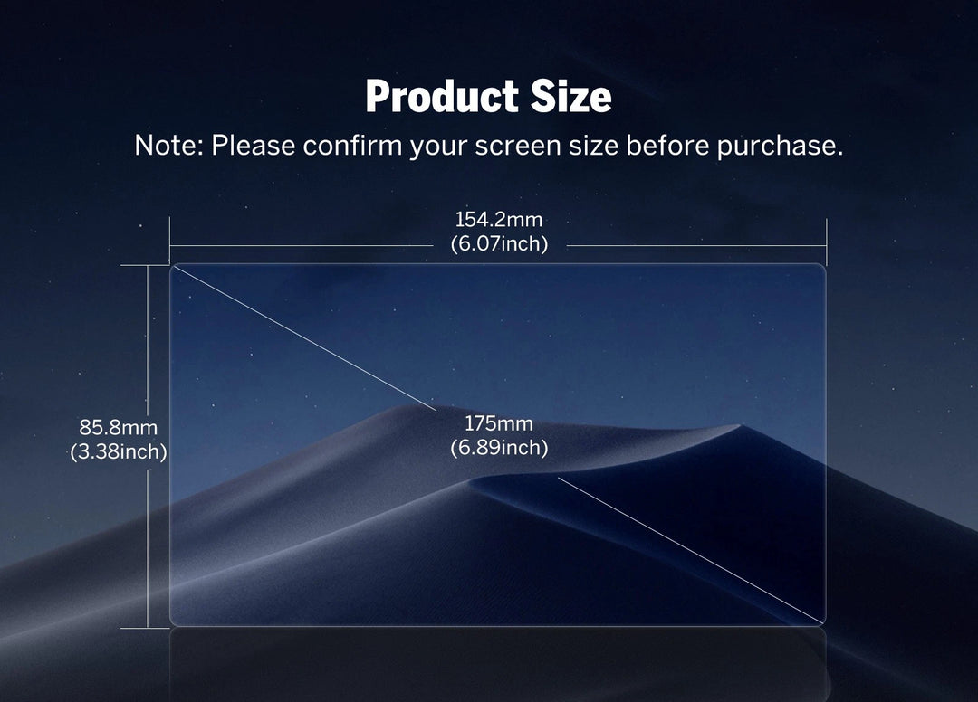 Dark blue 7-inch matte PET anti-glare screen protector with black triangle design, shown beside a mountain range at night.