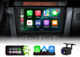Black M3BKX7S 9-inch QLED Android 14 car radio with side panel, showing home screen apps and “Android 6+24GB” text.