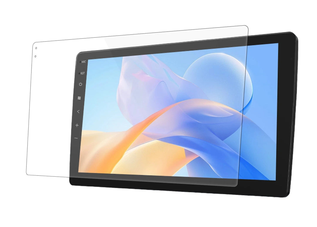 Clear 10-inch anti-glare screen protector for Android car stereo radio head unit with black trim and side buttons.