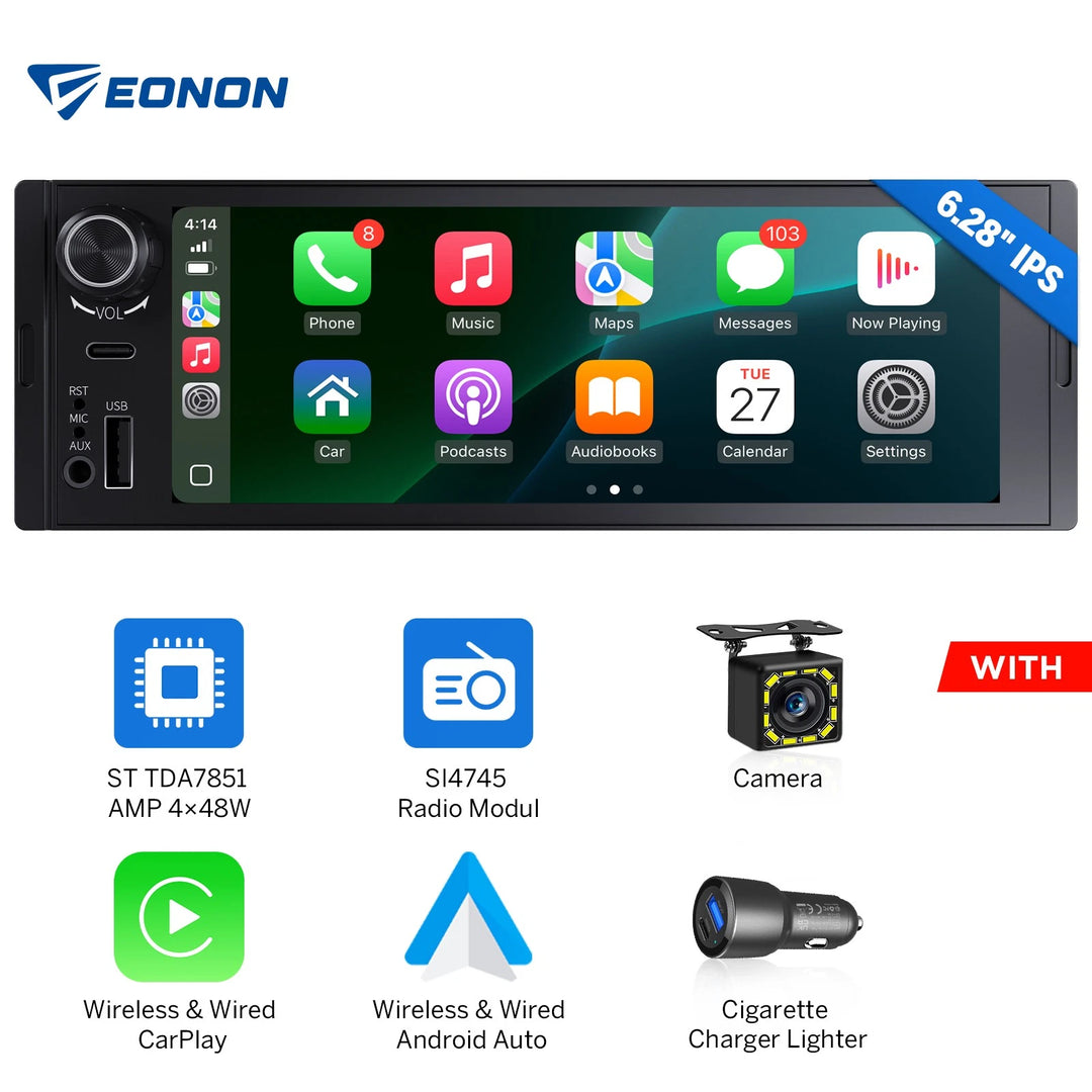 Black Universal 6.28" IPS car stereo with side panel, showing home screen apps and blue-striped audio module.
