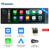 Black Universal 6.28" IPS car stereo with side panel, showing home screen apps and blue-striped audio module.