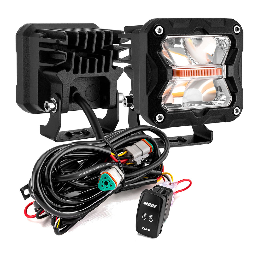 3" Amber & White Strobe LED Pods with Ditch Mounts & DT Wiring for Subaru Forester Outback