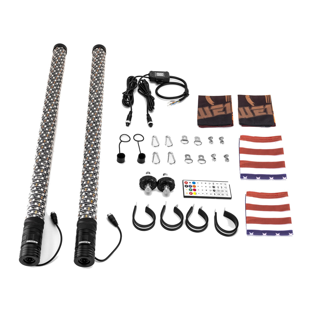 Pair 3 ft Fat Spiral Chasing RGB LED Whip Lights, 2 in Thick, for ATV UTV