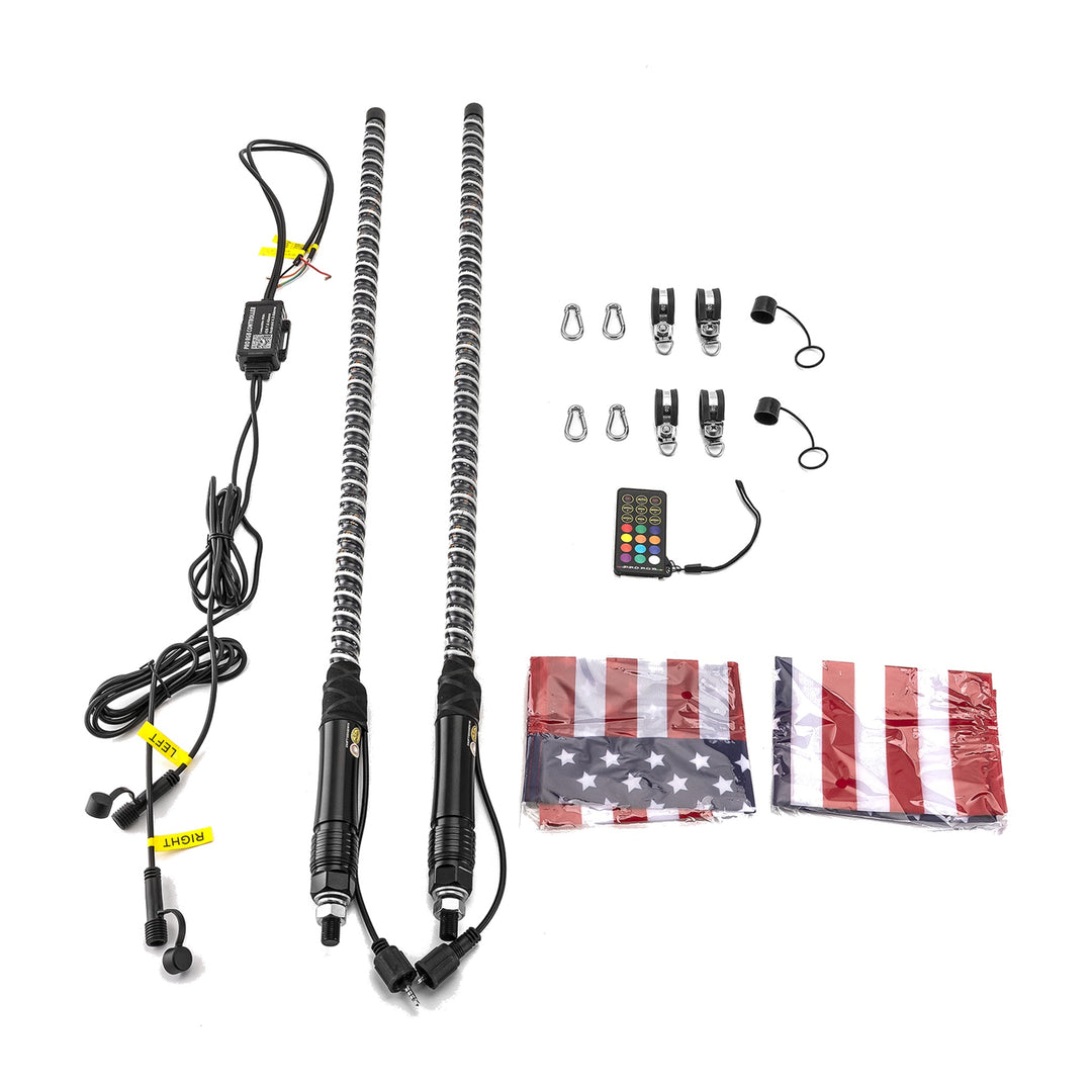 Pair RGB COB LED Whip Lights with Plug and Play Pulse Wire, Polaris General Ranger RZR