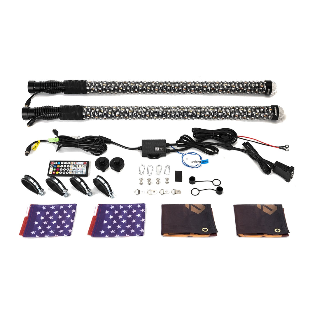 Pair Fat RGB LED Whip Lights with Warning Light and Pro-Fit Cage Mounts, 2 ft or 3 ft