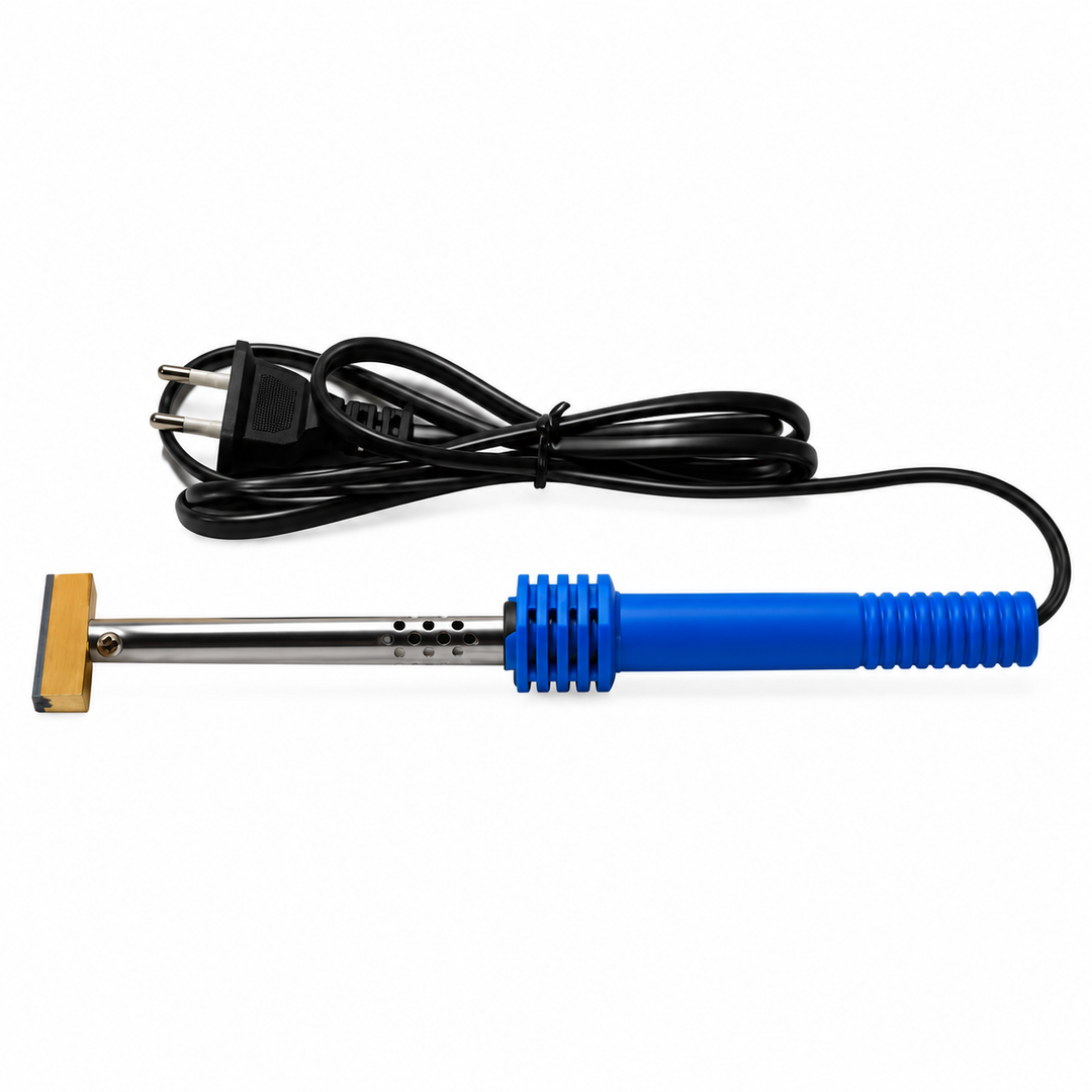 Pixel repair T-iron side view with blue handle, attached T-head and coiled power cord