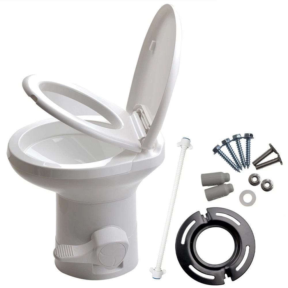 20-Inch RV Gravity Flush Toilet with Foot Pedal & Flange Adapter, White