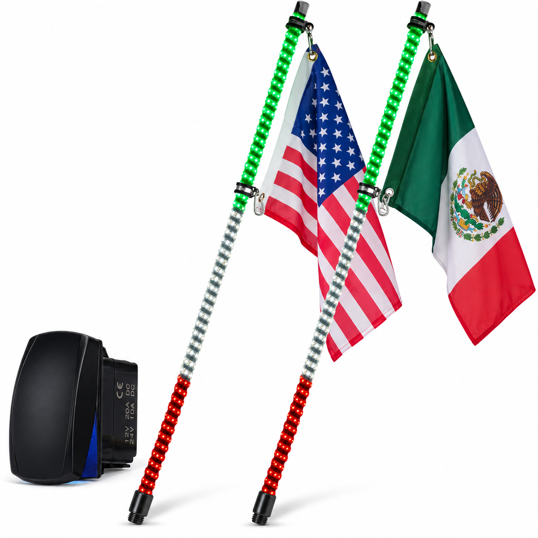 5-Foot Green White Red LED Whips with Spring Bases, Pair
