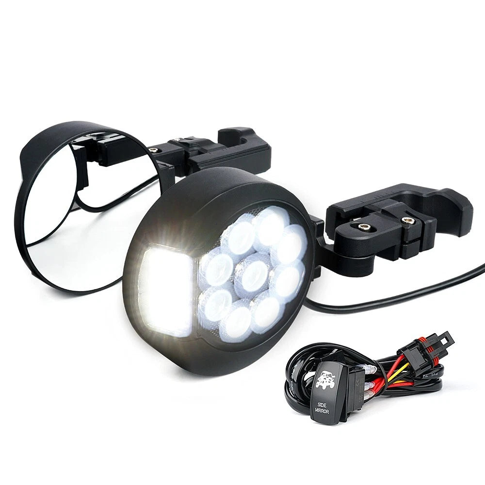 Smoked Round UTV Side Mirror Pair with LED Spotlights for 1.5–2-Inch Bars
