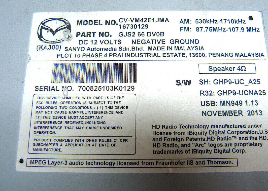 2014 2015 Mazda 6 CX5 AM FM Radio CD Player 5.8" GJS266DV0B OEM