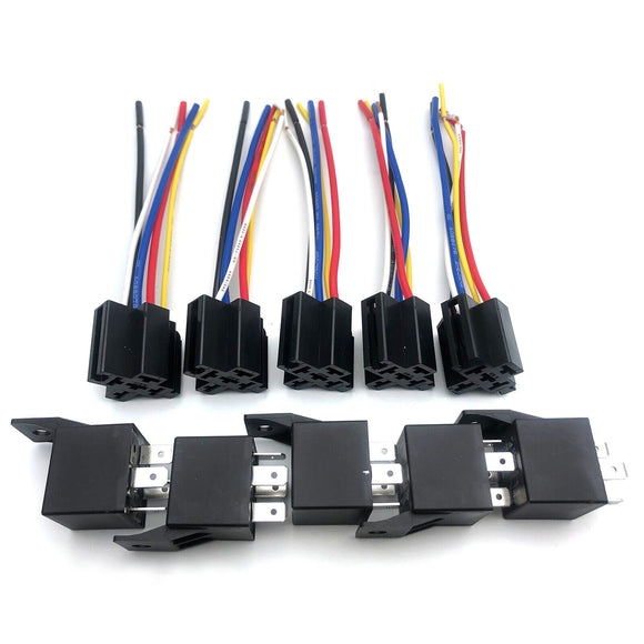 MICTUNING 5-Pack 12V 30/40 Amp 5-Pin SPDT Automotive Relay With Wires & Harness Socket Set