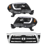 Front Grille and LED Black Headlight Set for 2005-2011 Toyota Tacoma