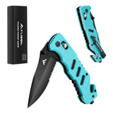 FLISSA Folding Pocket Knife with Glass Breaker and Seatbelt Cutter