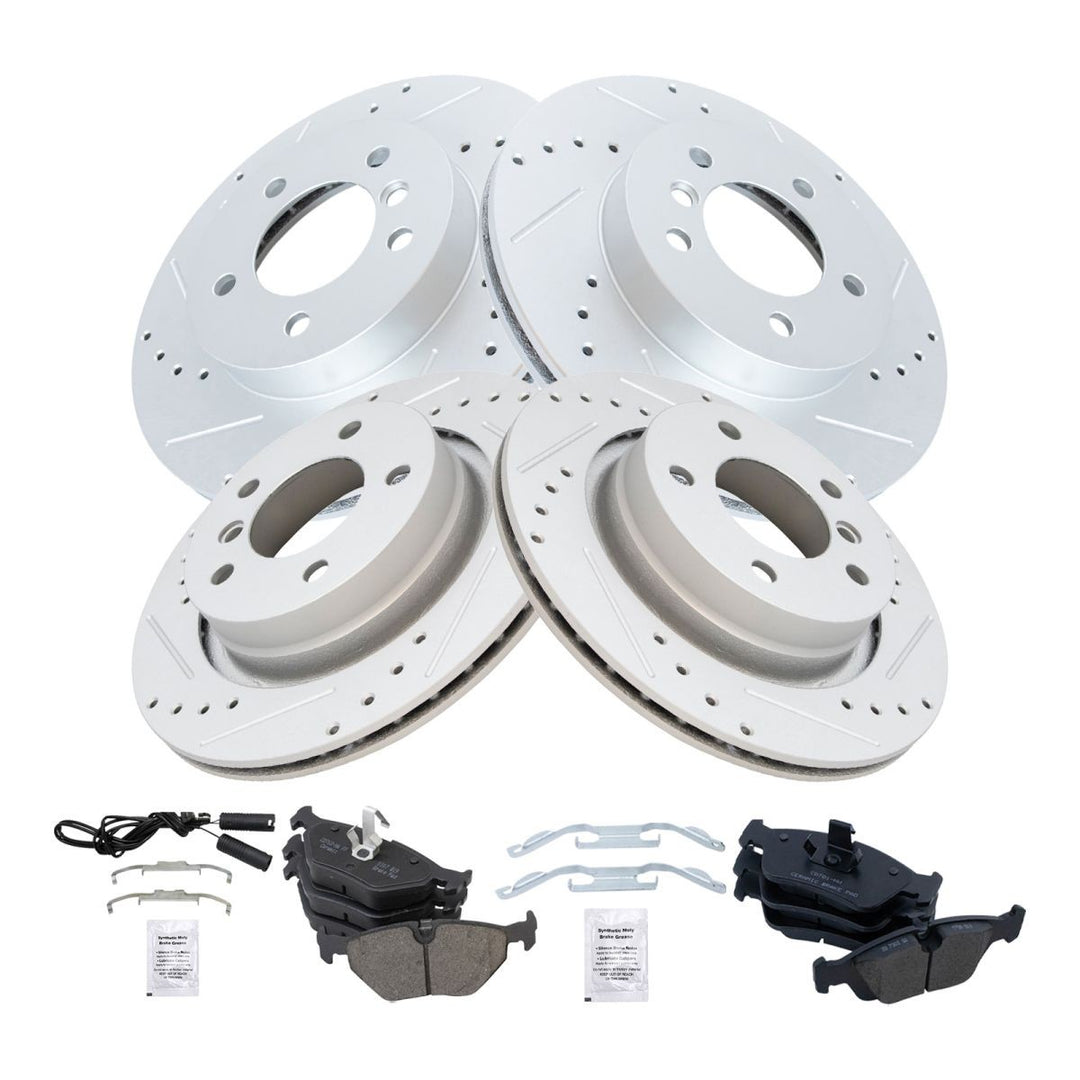 Front and Rear Ceramic Brake Pad and Drilled Rotor Kit for 1999-2006 BMW 323i, 325i, 325Ci and 328i E46