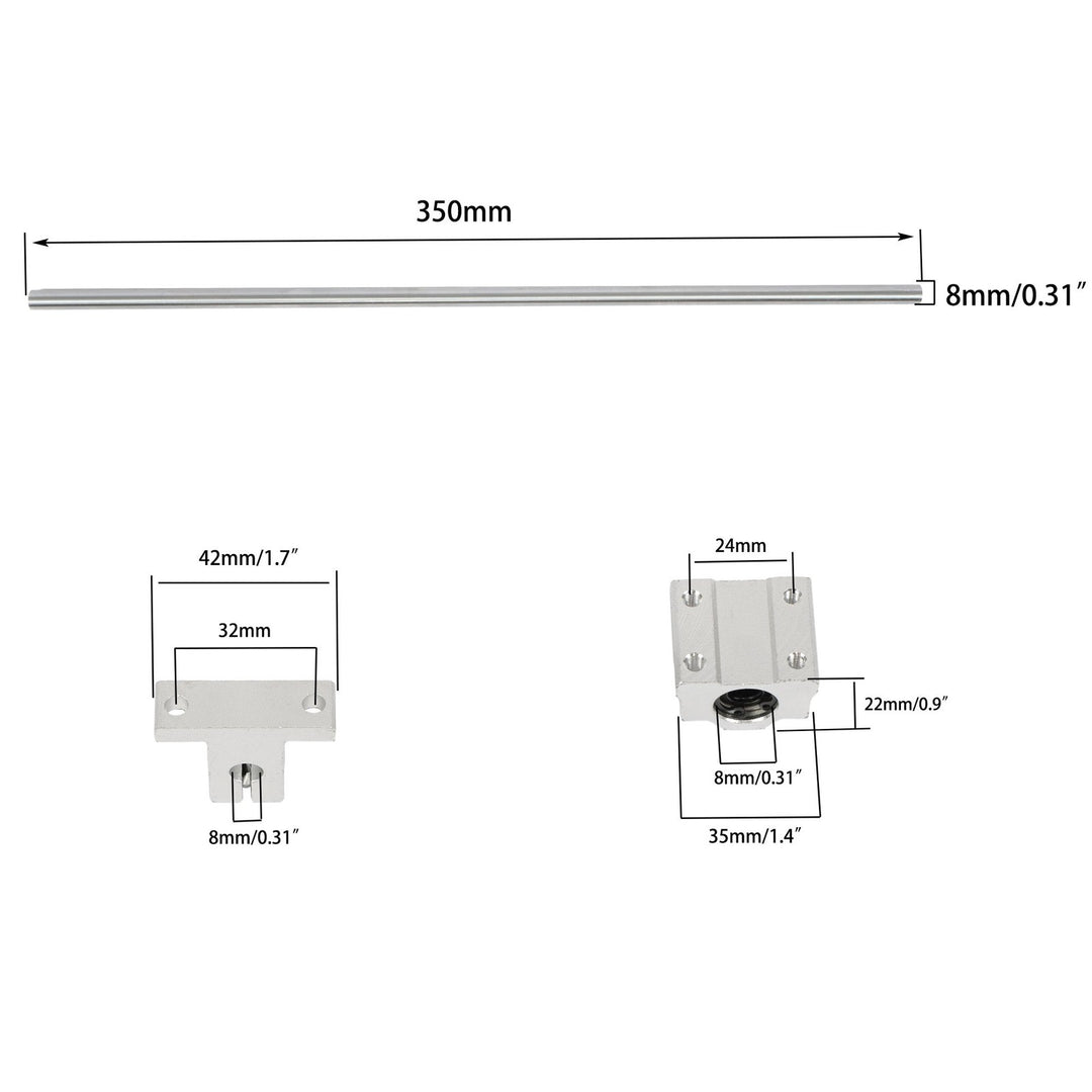 8mm x 350mm Linear Rail Shaft Kit with SCS8UU Bearings and SK8 Supports