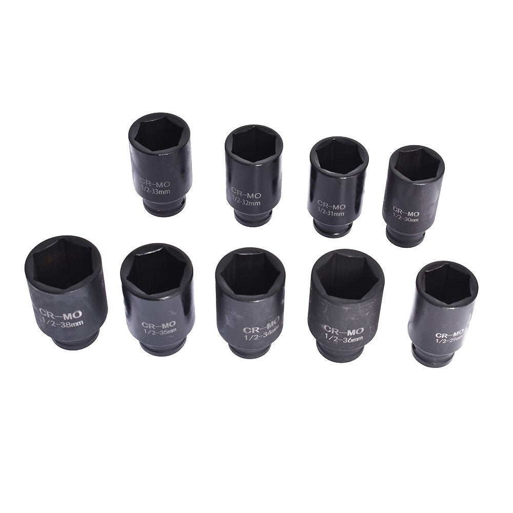 9 Piece 1/2 in Drive Metric Axle Nut Impact Socket Set 29-38 mm