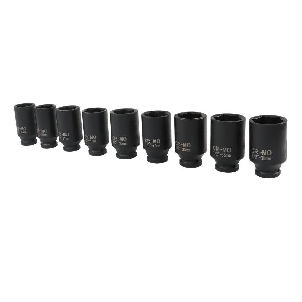 9 Piece 1/2 in Drive Metric Axle Nut Impact Socket Set 29-38 mm