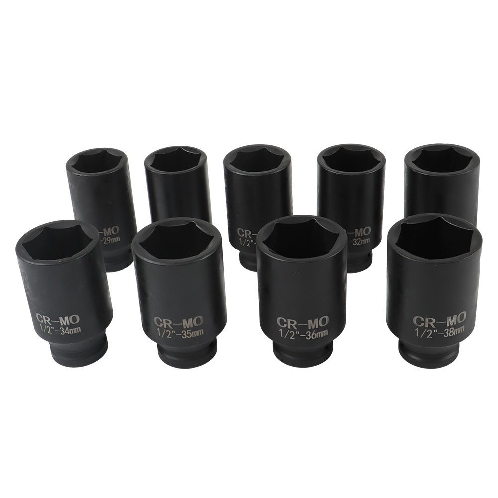 9 Piece 1/2 in Drive Metric Axle Nut Impact Socket Set 29-38 mm