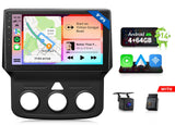 Black 9-inch Android 14 car radio head unit with wireless CarPlay, shown on a map screen displaying route and text.