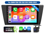 Black BMW E90X7A Android 14 car stereo with 9-inch touchscreen, showing home apps and dual rear camera.