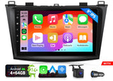 Black Eonon M3BLX7A 9-inch IPS CarPlay Android 14 car stereo with home screen showing app icons and dual rear cameras.