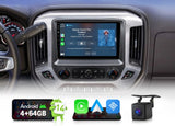 Black 10.1" Android 14 car stereo with wireless CarPlay, navigation, and camera system for GMC Sierra 2014-2018.