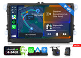 Black Android 14 car stereo with touchscreen, showing home screen, navigation, music, and connected apps.