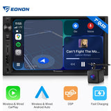 Black 7-inch QLED double 2DIN wireless CarPlay Android Auto car stereo with Google Maps, Spotify, and LeAnn Rimes.
