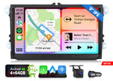 Black 9-inch IPS VWX7A Android Auto 14 car radio with map, blue side panel, USB charging cable, and camera.