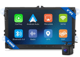 Black 9-inch Android 14 car stereo with blue-themed home screen, wireless CarPlay, and side camera.