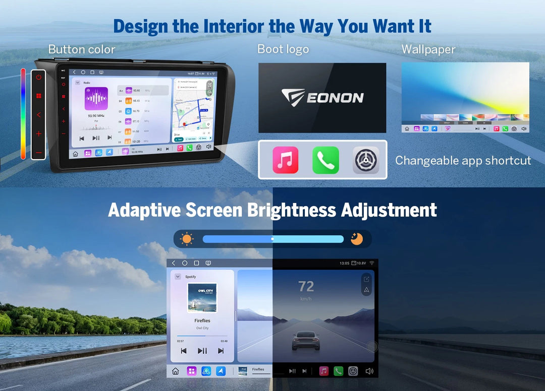 Eonon M3BKX6S2 9-inch black Android 13 car stereo with 8 cores, showing home screen, app icons, and colorful side panels.