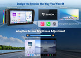Eonon M3BKX6S2 9-inch black Android 13 car stereo with 8 cores, showing home screen, app icons, and colorful side panels.