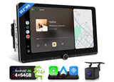 Black 10.1 inch IPS Android Auto 4+64 car radio with Spotify, Apple Music, and Android Auto icons on screen.