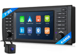 Black 7" IPS 4+64G Android 14 car stereo with touchscreen, Bluetooth, GPS, and labeled buttons.