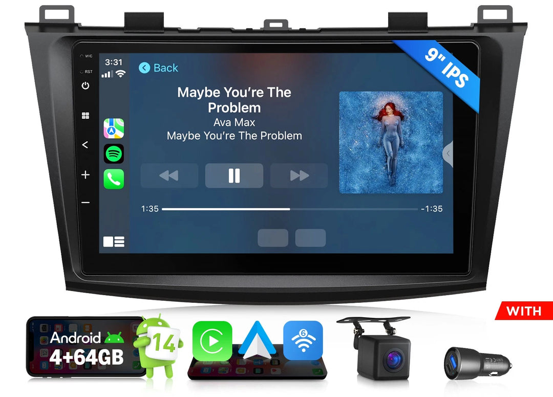 Black M3BLX7A Android 14 car radio with 9-inch touchscreen, “Maybe You’re The Problem” text, and connected car apps.