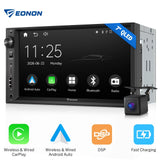 Black 7-inch QLED double DIN CarPlay Android Auto car stereo with 11:25 on June 22, 2026, and EONON logo.