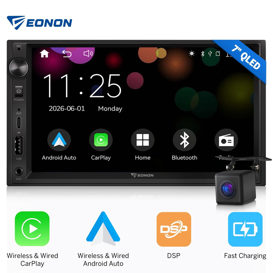 Black CAM+ 7-inch QLED 2 DIN Android Auto CarPlay car stereo with side cameras, date 2026-06-01, and blue-themed home screen.