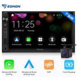 Black CAM+ 7-inch QLED 2 DIN Android Auto CarPlay car stereo with side cameras, date 2026-06-01, and blue-themed home screen.