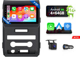 Black 9-inch IPS Android 14 car stereo head unit with Apple CarPlay, Android logo, and Ford F-150 branding.